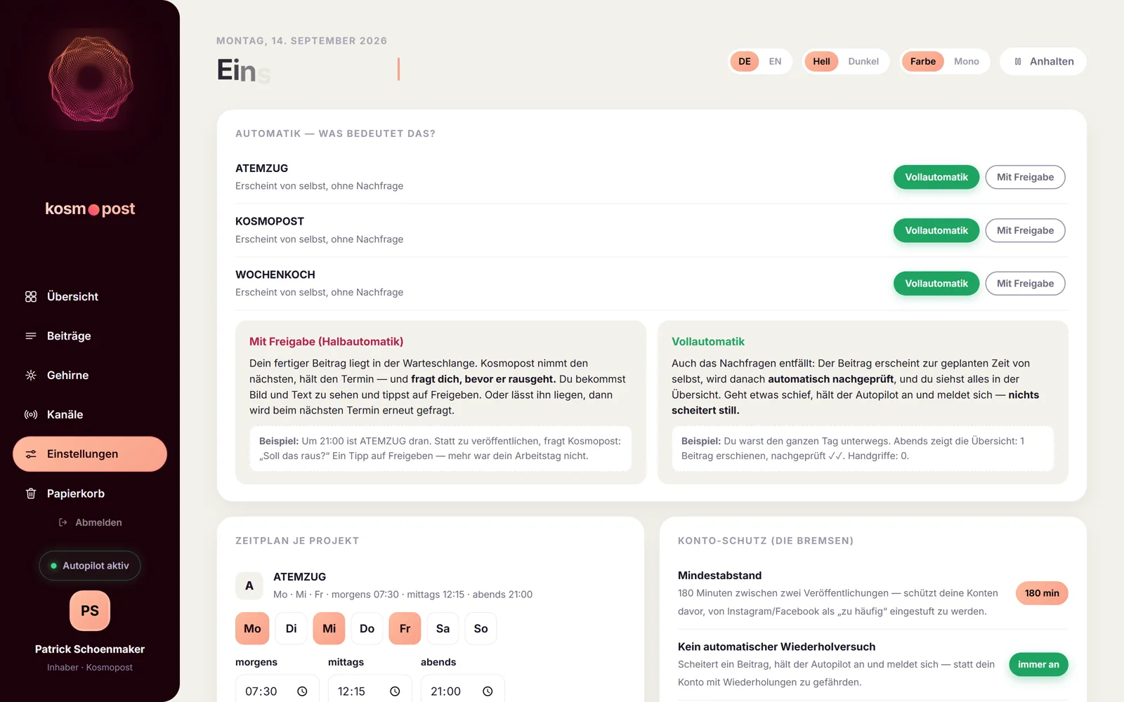 Die Einstellungen von Kosmopost mit Zeitplan je Projekt