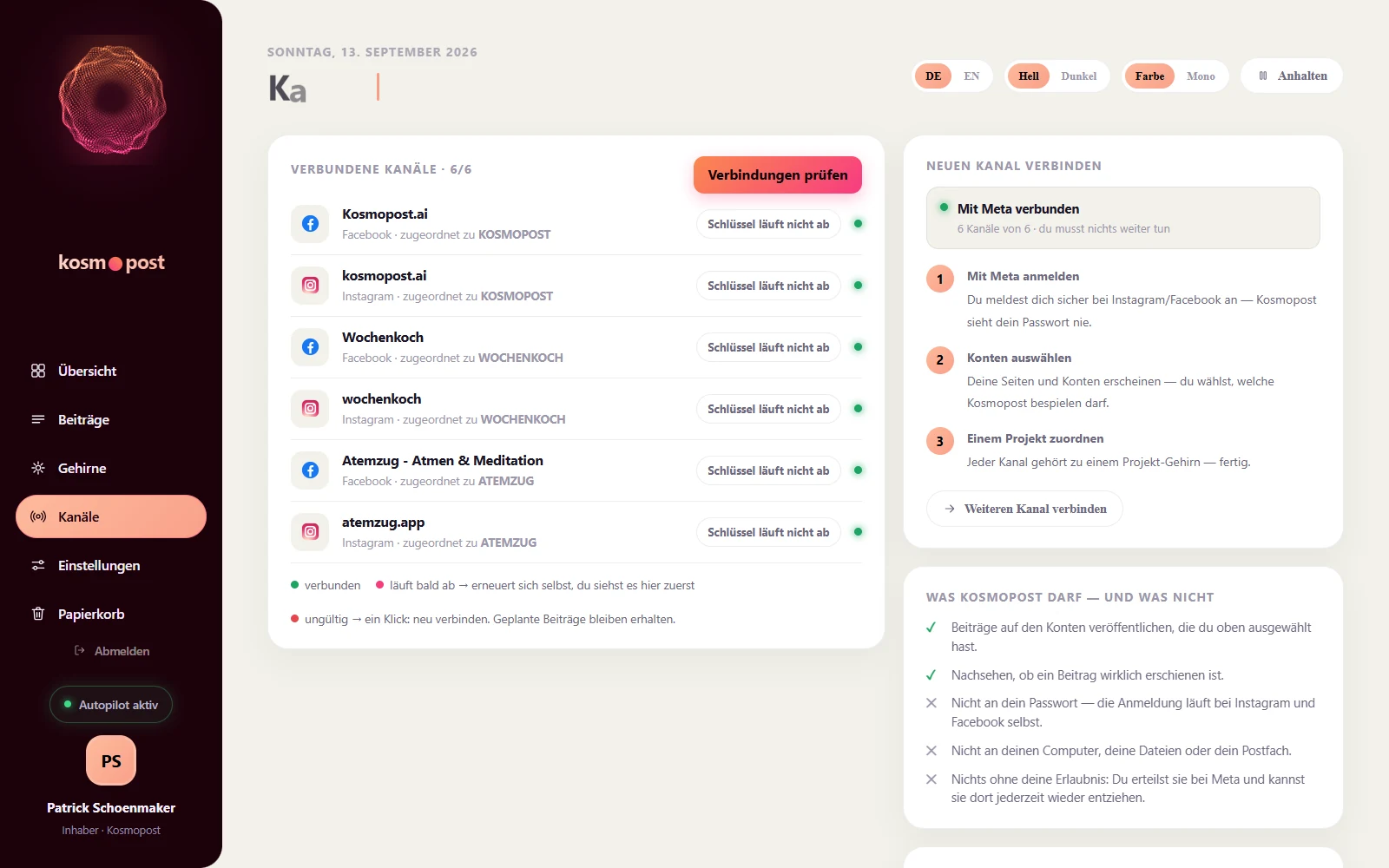 The Kosmopost channels page with the connected Instagram and Facebook accounts