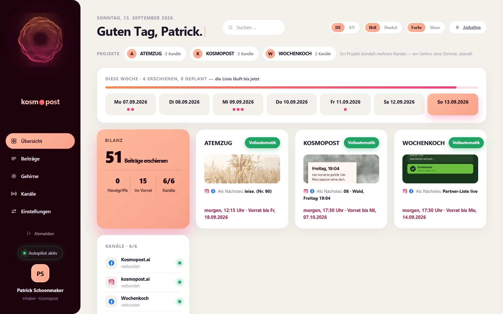 Kosmopost overview page showing projects, stock and the next scheduled post